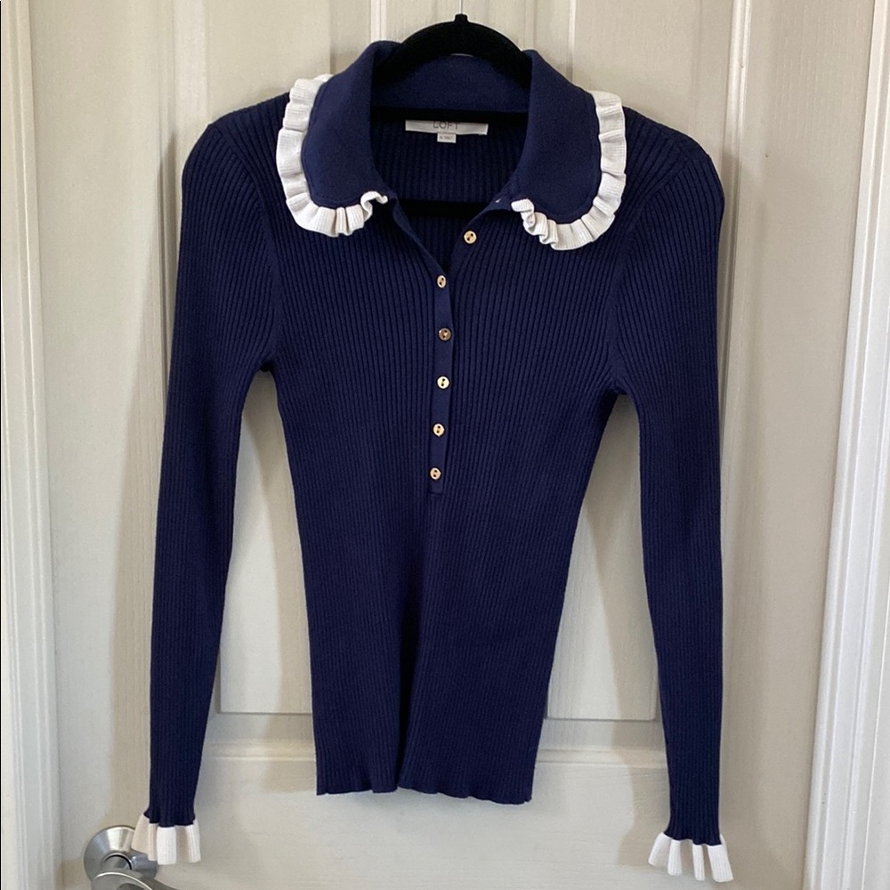 Navy Blue Ribbed  Polo Sweater with White Ruffle Collar and Sleeves